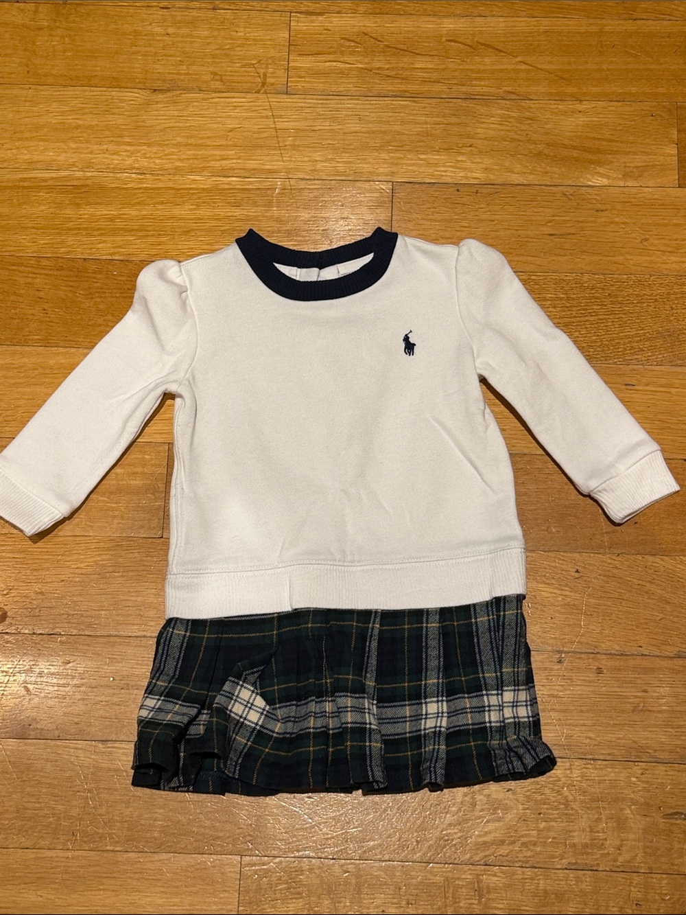 Ralph Lauren Cream Knit Dress with Navy Trim and Green Plaid Skirt - Kids 18M